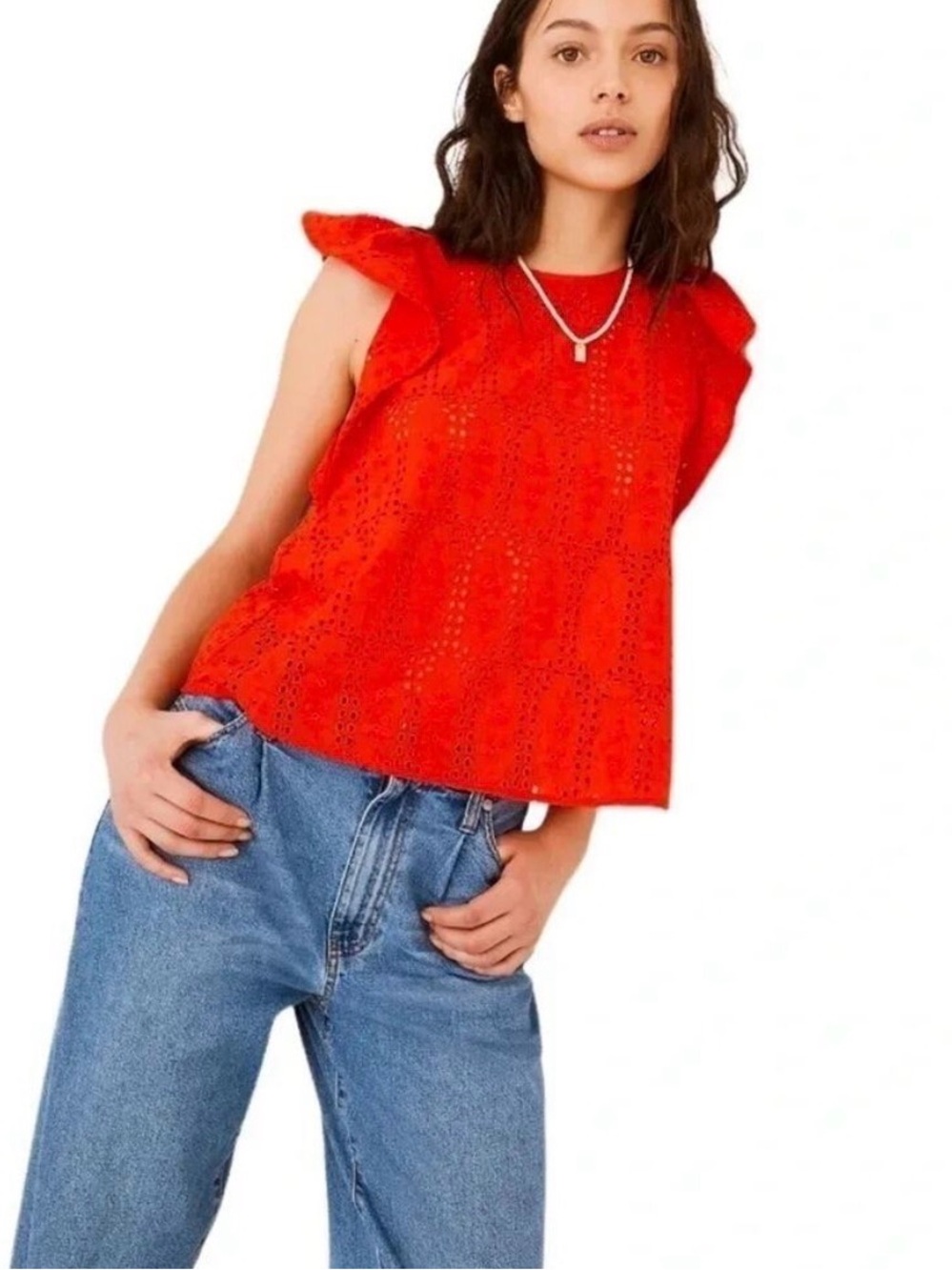 Madewell red eyelet crewneck flutter-sleeve top featuring intricate embroidery S